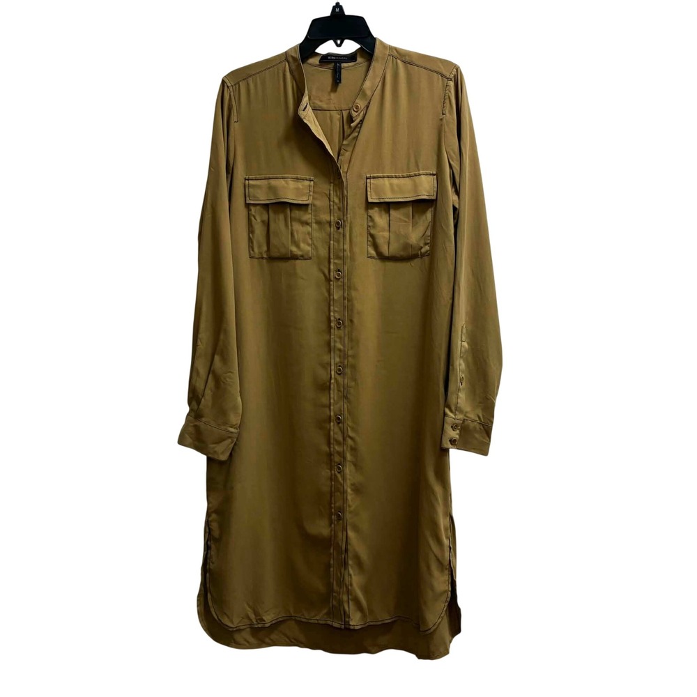 BCBGMAXAZRIA Shirt Dress Womens M Tan Silk Utility Long Sleeve Safari Quiet